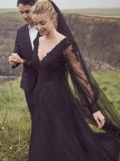 Black Wedding Dresses Lace A-Line Long Sleeves Floor-Length Bridal Dress Free Customization