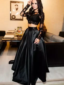 Black Wedding Dresses Lace Two-piece Long Sleeves Raised Waist Lace Floor-Length Bridal Gown Free Customization