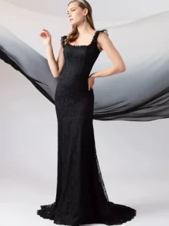 Black Wedding Dresses Mermaid Sleeveless Lace With Train Bridal Gown Free Customization