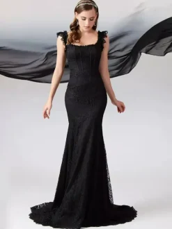 Black Wedding Dresses Mermaid Sleeveless Lace With Train Bridal Gown Free Customization