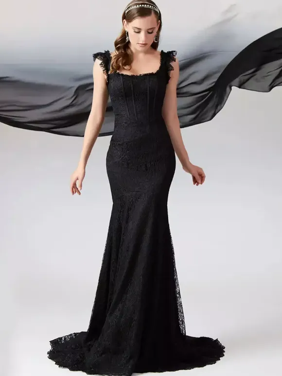 Black Wedding Dresses Mermaid Sleeveless Lace With Train Bridal Gown Free Customization