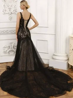 Black Wedding Dresses Mermaid Sleeveless Lace With Train Bridal Gown Free Customization