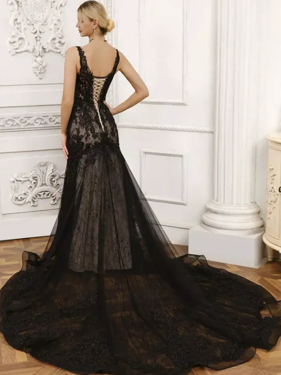 Black Wedding Dresses Mermaid Sleeveless Lace With Train Bridal Gown Free Customization