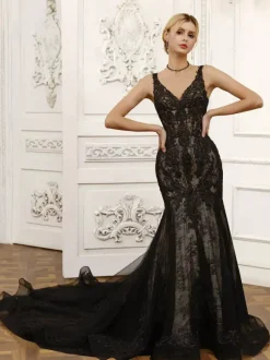 Black Wedding Dresses Mermaid Sleeveless Lace With Train Bridal Gown Free Customization