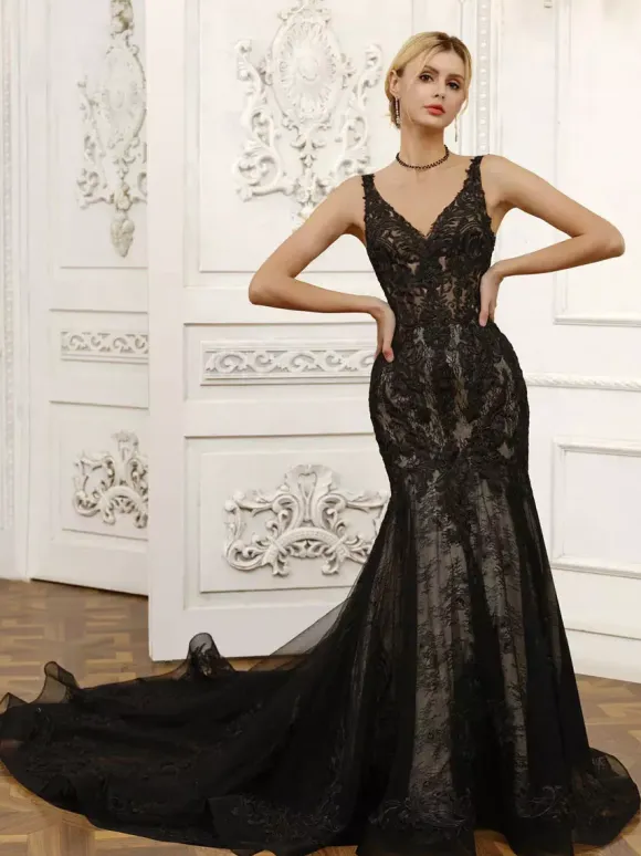 Black Wedding Dresses Mermaid Sleeveless Lace With Train Bridal Gown Free Customization