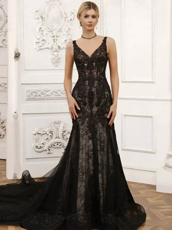 Black Wedding Dresses Mermaid Sleeveless Lace With Train Bridal Gown Free Customization