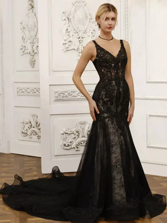 Black Wedding Dresses Mermaid Sleeveless Lace With Train Bridal Gown Free Customization
