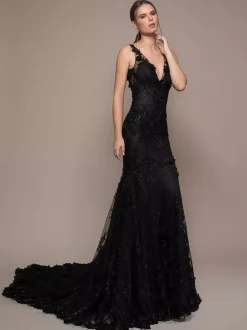 Black Wedding Dresses Mermaid Sleeveless Lace With Train Bridal Gown Free Customization