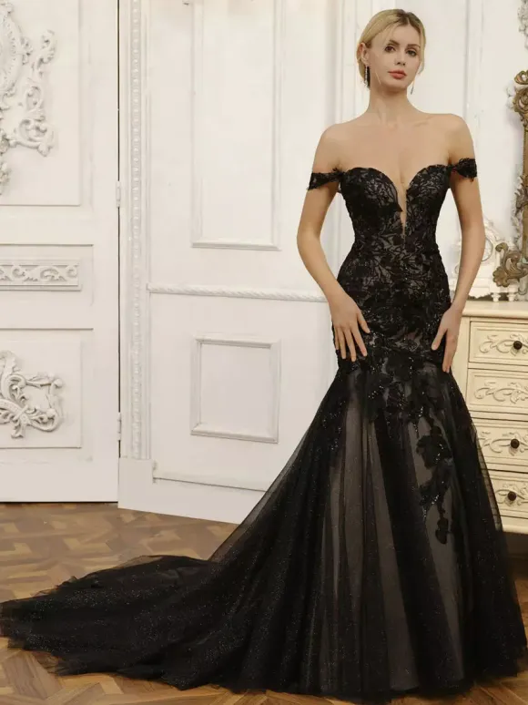 Black Wedding Dresses Mermaid Sleeveless Lace With Train Bridal Dress Free Customization