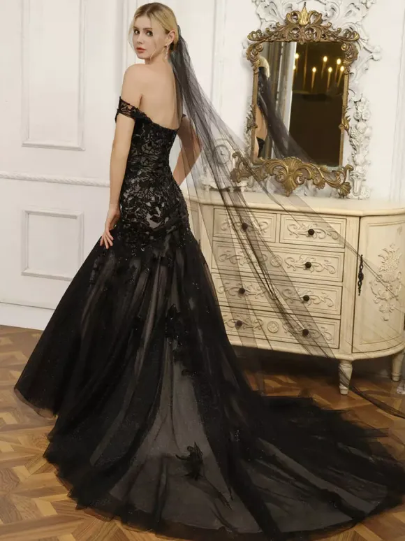Black Wedding Dresses Mermaid Sleeveless Lace With Train Bridal Dress Free Customization