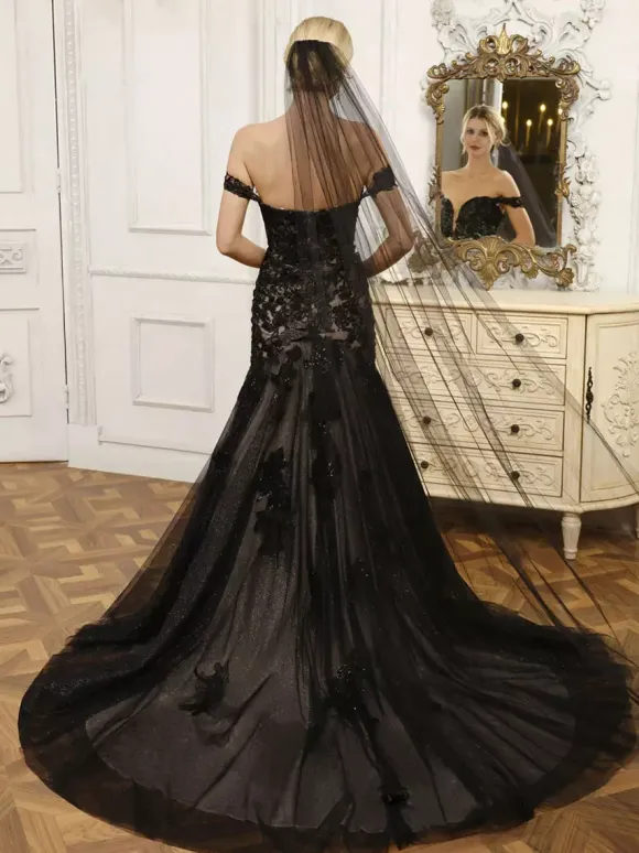 Black Wedding Dresses Mermaid Sleeveless Lace With Train Bridal Dress Free Customization