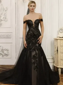 Black Wedding Dresses Mermaid Sleeveless Lace With Train Bridal Dress Free Customization