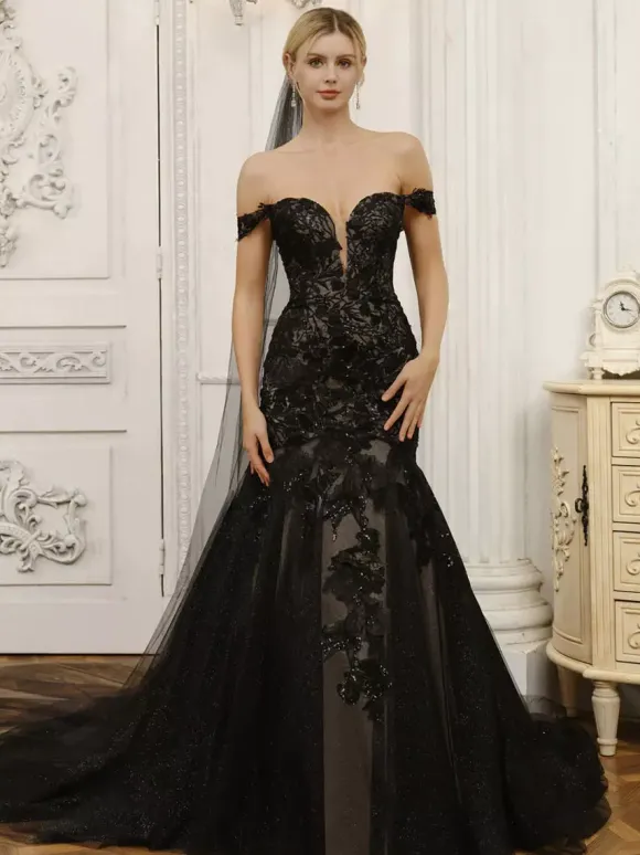 Black Wedding Dresses Mermaid Sleeveless Lace With Train Bridal Dress Free Customization