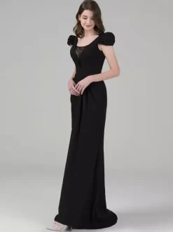 Black Wedding Dresses Mermaid Short Sleeves Lace Stretch Crepe Sweep Bridal Dress Free Customization