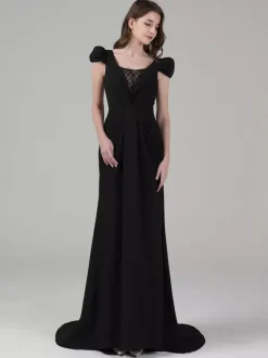 Black Wedding Dresses Mermaid Short Sleeves Lace Stretch Crepe Sweep Bridal Dress Free Customization