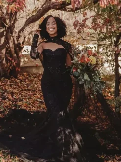 Black Wedding Dresses Mermaid Sleeveless Lace With Train Bridal Dress Free Customization