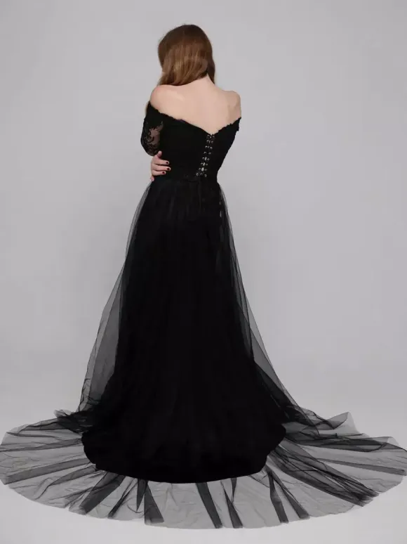 Black Wedding Dresses Mermaid Long Sleeves Lace With Train Bridal Dress Free Customization