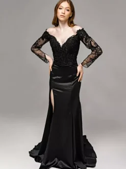 Black Wedding Dresses Mermaid Long Sleeves Lace With Train Bridal Dress Free Customization