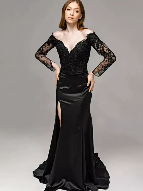 Black Wedding Dresses Mermaid Long Sleeves Lace With Train Bridal Dress Free Customization