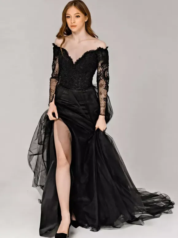 Black Wedding Dresses Mermaid Long Sleeves Lace With Train Bridal Dress Free Customization