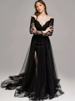 Black Wedding Dresses Mermaid Long Sleeves Lace With Train Bridal Dress Free Customization