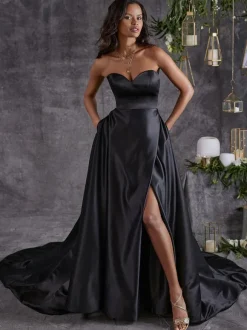 Black Wedding Dresses Satin Fabric A-Line Sleeveless Split Front With Train Bridal Gown Free Customization