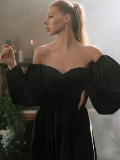 Black Wedding Dresses Satin Fabric A-Line Long Sleeves Natural Waist Pleated Court Train Bridal Dress