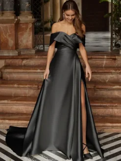 Black Wedding Dresses Satin Fabric A-Line Sleeveless Natural Waist Split Front Sweep Bridal Gown