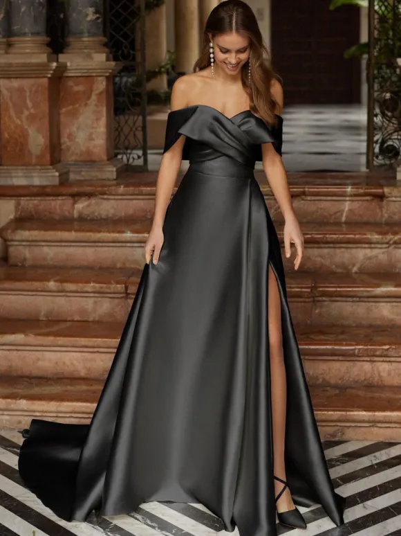 Black Wedding Dresses Satin Fabric A-Line Sleeveless Natural Waist Split Front Sweep Bridal Gown