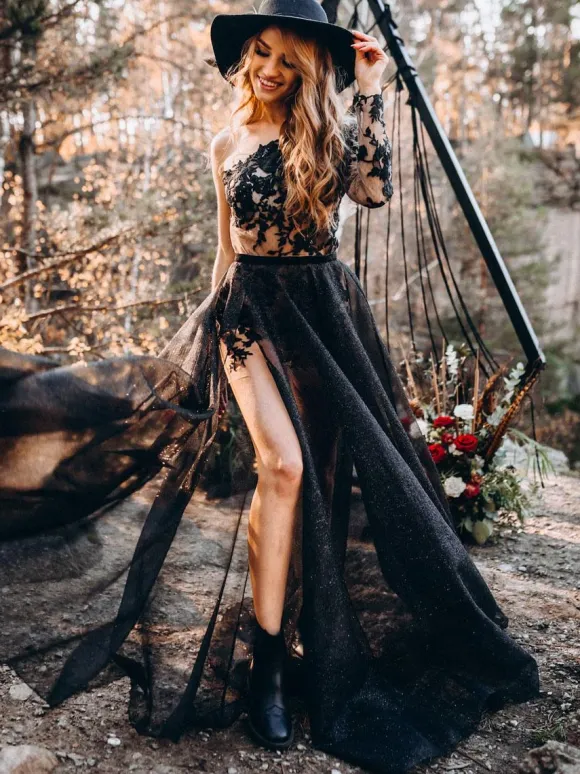 Black Wedding Dresses Sheath Sleeveless Lace With Train Bridal Gown Free Customization