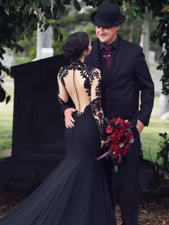 Black Wedding Dresses 2026 Stretch Crepe Mermaid Long Sleeves Lace With Train Bridal Gown Free Customization
