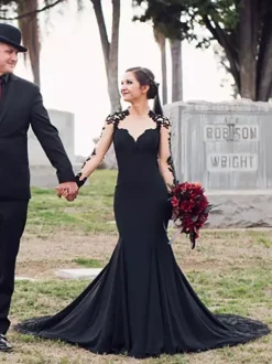 Black Wedding Dresses 2026 Stretch Crepe Mermaid Long Sleeves Lace With Train Bridal Gown Free Customization