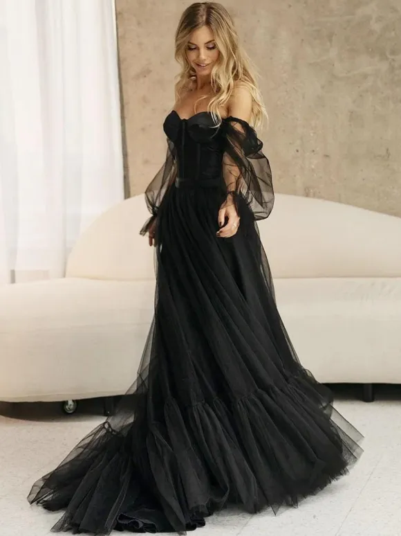 Black Wedding Dresses Tulle A-Line Long Sleeves Bridal Gown Free Customization