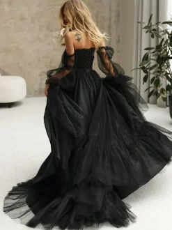 Black Wedding Dresses Tulle A-Line Long Sleeves Bridal Gown Free Customization