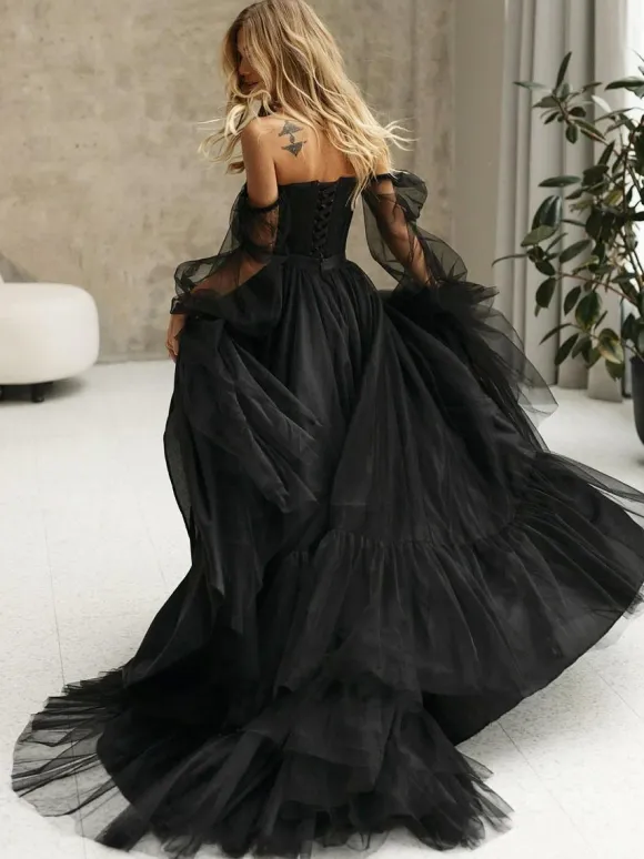 Black Wedding Dresses Tulle A-Line Long Sleeves Bridal Gown Free Customization