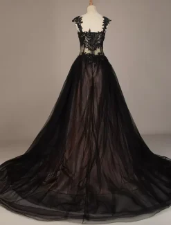 Black Wedding Dresses Tulle Princess Silhouette Sleeveless Low Rise Waist Lace Court Train Bridal Gown Free Customization