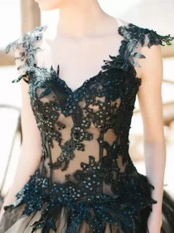 Black Wedding Dresses Tulle Princess Silhouette Sleeveless Low Rise Waist Lace Court Train Bridal Gown Free Customization