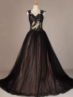 Black Wedding Dresses Tulle Princess Silhouette Sleeveless Low Rise Waist Lace Court Train Bridal Gown Free Customization