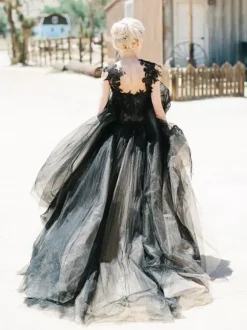 Black Wedding Dresses Tulle Princess Silhouette Sleeveless Low Rise Waist Lace Court Train Bridal Gown Free Customization