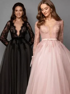 Black Wedding Dress With Train A-Line V-Neckline Long Sleeves Lace Sweep Tulle Bridal Gowns Free Customization