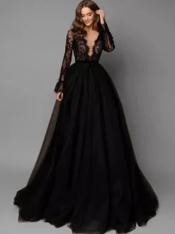 Black Wedding Dress With Train A-Line V-Neckline Long Sleeves Lace Sweep Tulle Bridal Gowns Free Customization