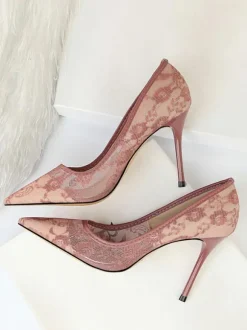 Black Wedding Shoes Lace Pointed Toe High Heel Pumps