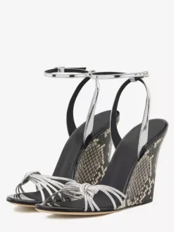 Black Wedge Heel Sandals Snake Pattern Knotted Ankle Strap Wedged Shoes