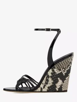 Black Wedge Heel Sandals Snake Pattern Knotted Ankle Strap Wedged Shoes