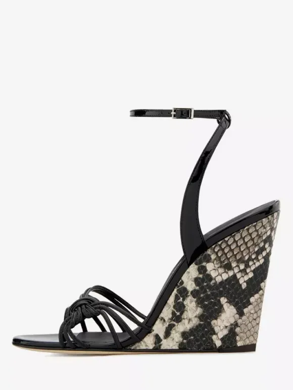 Black Wedge Heel Sandals Snake Pattern Knotted Ankle Strap Wedged Shoes