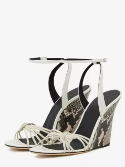 Black Wedge Heel Sandals Snake Pattern Knotted Ankle Strap Wedged Shoes