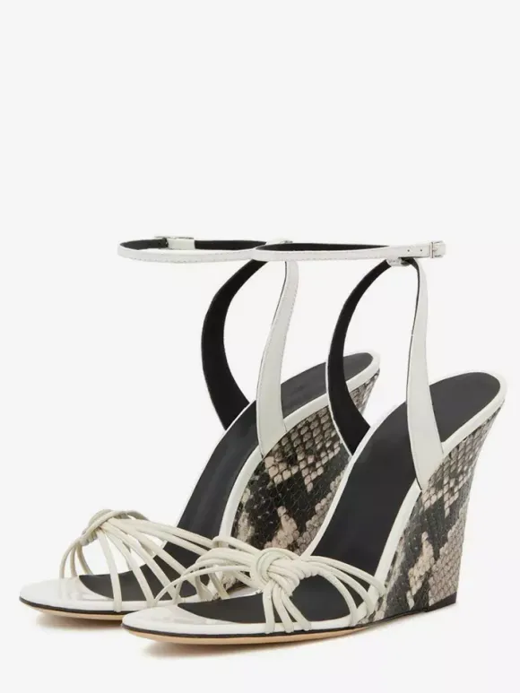 Black Wedge Heel Sandals Snake Pattern Knotted Ankle Strap Wedged Shoes