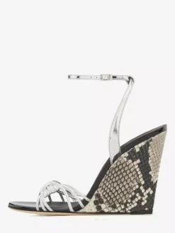 Black Wedge Heel Sandals Snake Pattern Knotted Ankle Strap Wedged Shoes