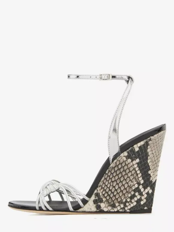Black Wedge Heel Sandals Snake Pattern Knotted Ankle Strap Wedged Shoes