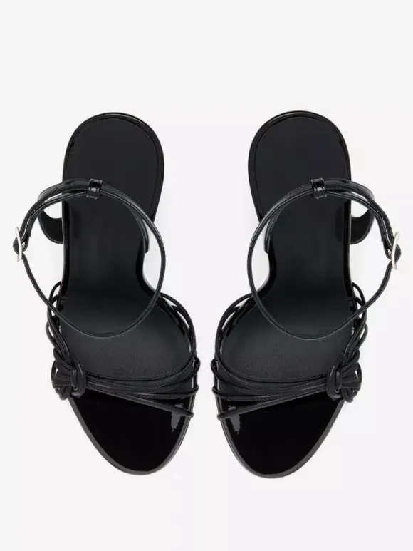 Black Wedge Heel Sandals Snake Pattern Knotted Ankle Strap Wedged Shoes